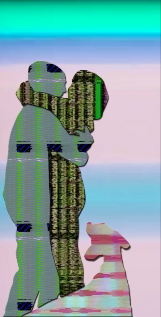 A still from an animation showing silhouetted figures of a man and woman embracing an a dog watching them. Their bodies are filled with striated, vibrating patterns made by a video synthesizer