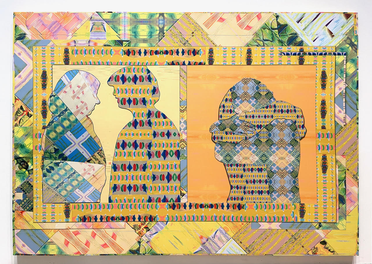 A digital print on fabric depicting silhouetted figures facing and embracing each other, with patterns in yellow, green, orange, red, and blue