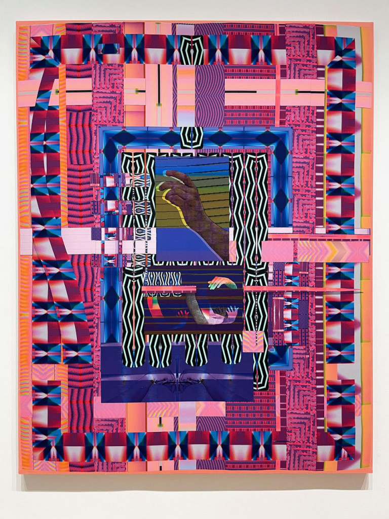 A textile print in purple, pink, and red tones, with bluish panels at the center showing a hand in profile, as well as rhomboid black-and-white patterns