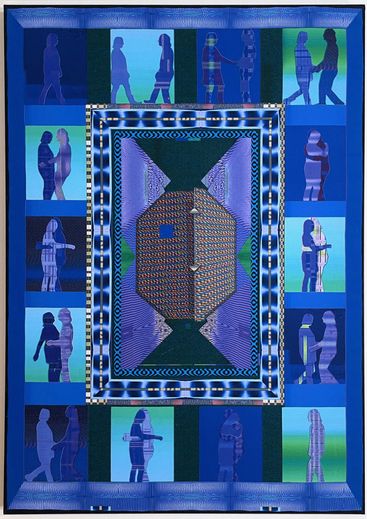 A textile print in brilliant blue tones. There is a geometric pattern in the center and silhouetted figures embracing in the panels around the border