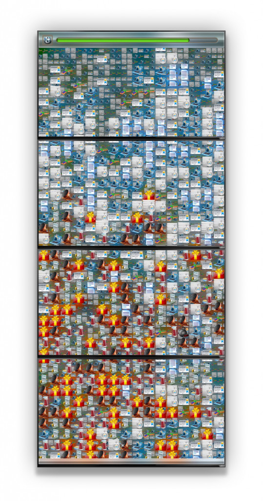 A digital art work with a grid of various small images arranged over four vertically stacked flatscreen monitors