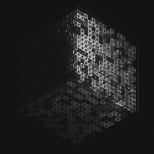 A digital image of a cube composed of smaller cubes floating in darkness