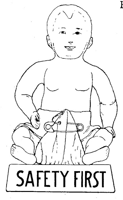 Line drawing of a statues of a baby in a diaper fastened with a large safety pin