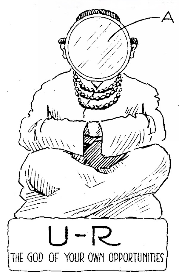 Line drawing of a statue in the form of Buddha with a mirror for a face