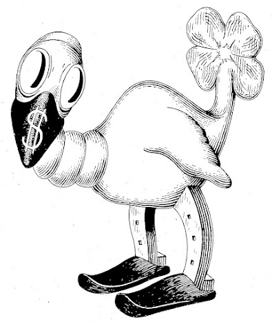 A line drawing of a statues of bird with a four-leaf clover for a tail and a dollar sign on its black beak
