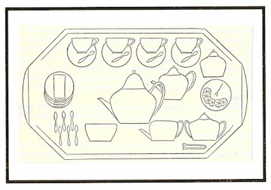 Line drawing of a tea service arranged on a hexagonal tray