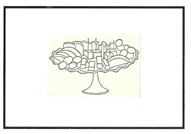 Line drawing of finger foods, some impaled with toothpicks, laid out on a standing platter