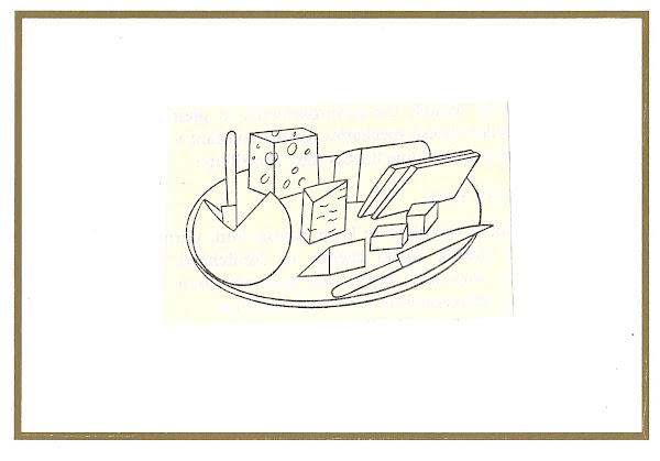 Line drawing of cheese and knives arranged on an oval tray