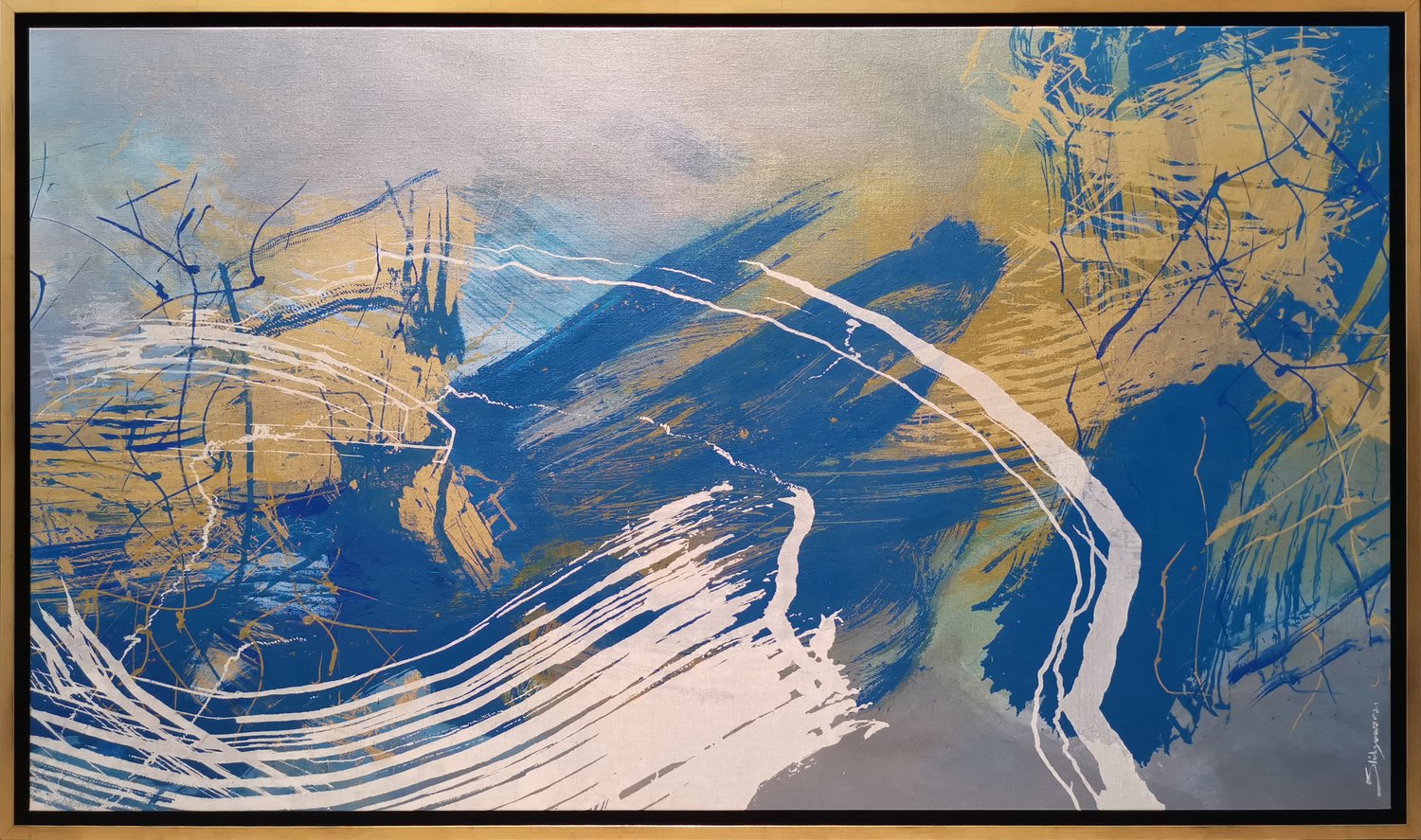 An abstract painting with a palette of blue, gold, violet, and white