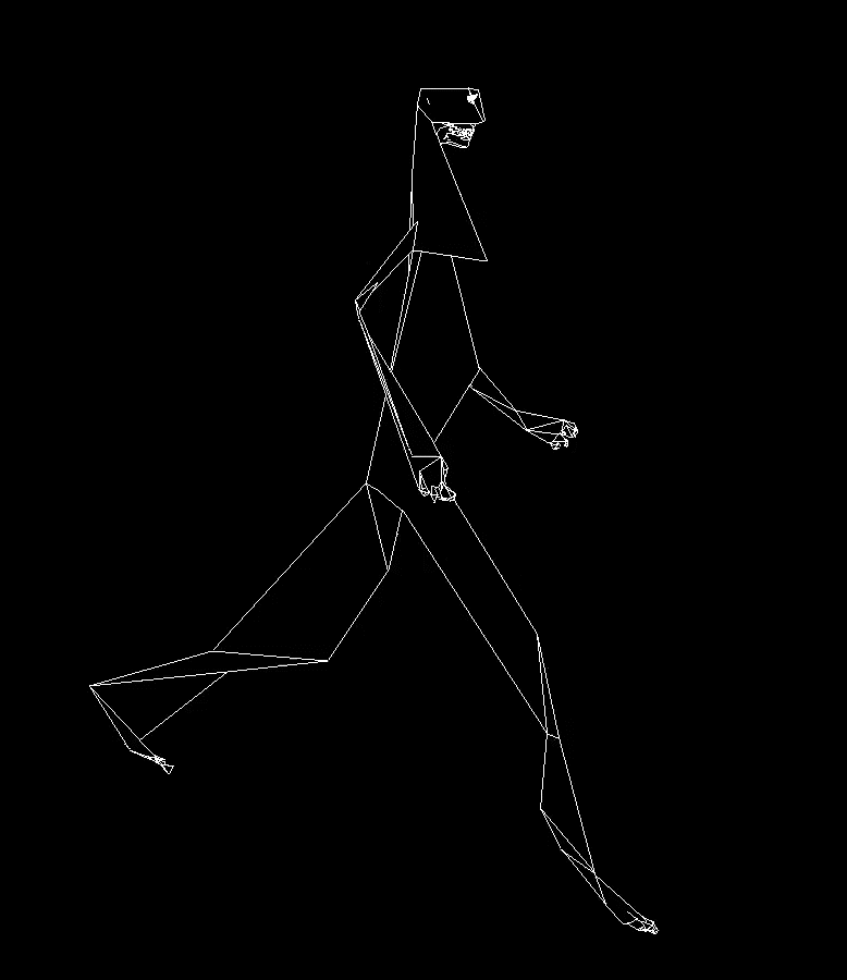 A jerkily animated white line drawing of a walking figure seen from the side against a black background
