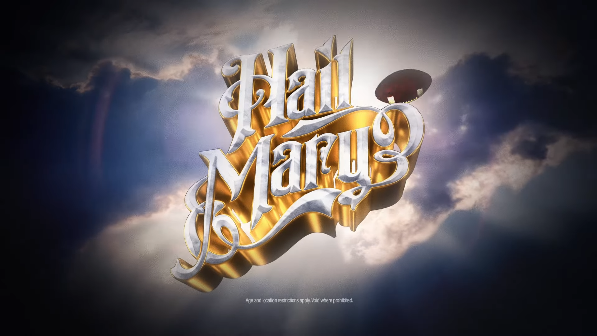 Gilded text against a blue sky that says "Hail Mary." A football flies past.