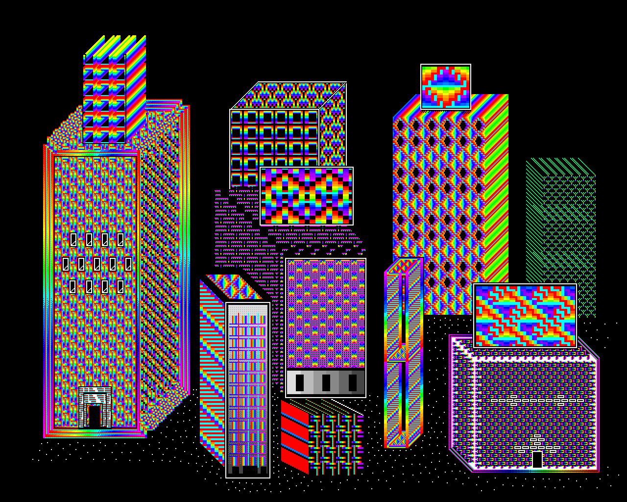 A composition of several boxy buildings constructed from patterns of rainbow-colored pixels against a black backgroundp