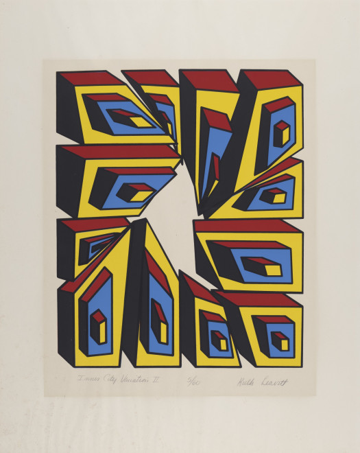 A print of warped red, yellow, and blue volumes on yellowing paper