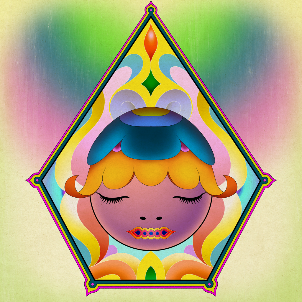 A digital image of a mauve face with closed eyes on a pentagonal panel with flowing designs of pink and yellow