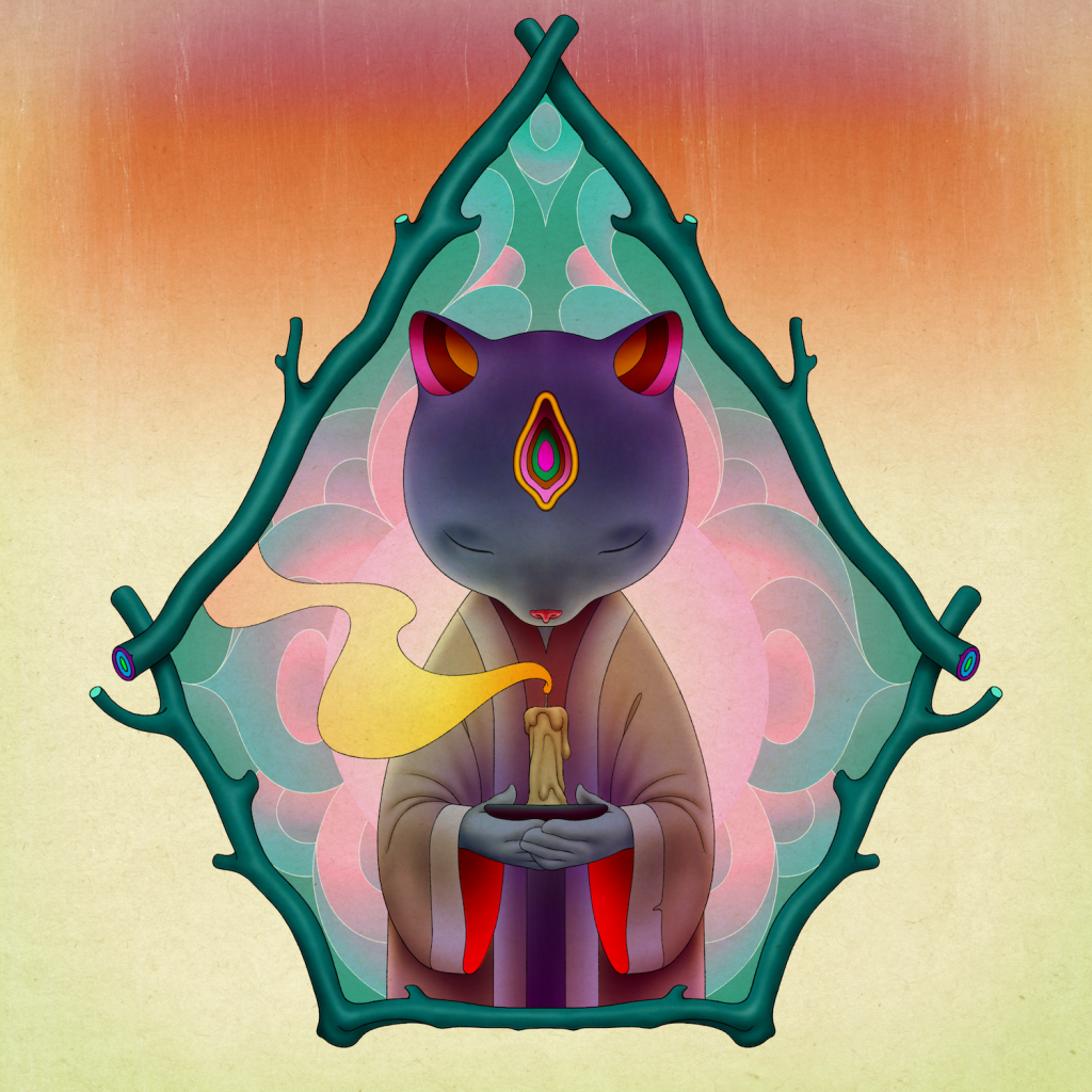 A digital image of a mouse wearing a robe and holding a candle, framed by a pentagonal panel whose borders are shaped by green sticks