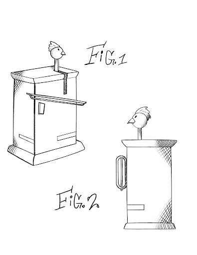 A line drawing of a box with a chicken's head emerging from the top, seen from two angles