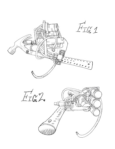 Line drawings of an automated hammer powered by pressurized air, seen from two angles