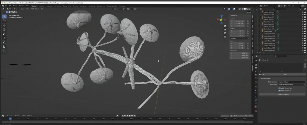 A window in a software program shows white discs connected by long slender stalks against a default dark gray background