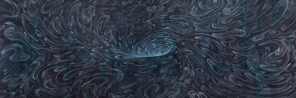 A painting of a whirlpool, with dark water lined with pale blue waves converges around a central opening