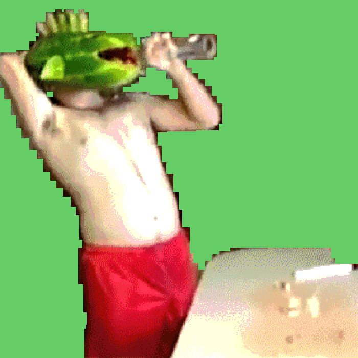An animation of a shirtless man wearing a watermelon on his head pouring a bottle into his mouth then vomiting