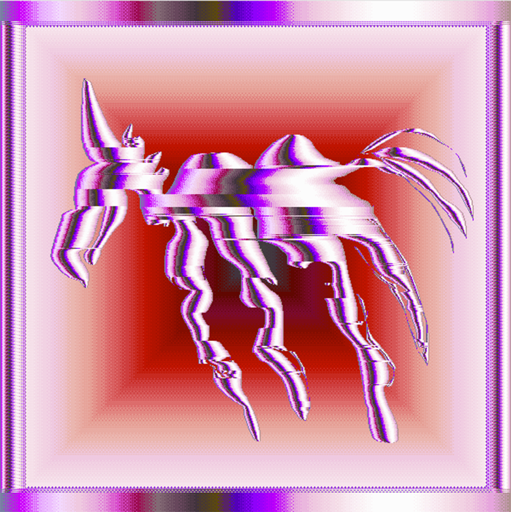 A digital depiciton of an abstract horse, in bright reds, pinks, and purples
