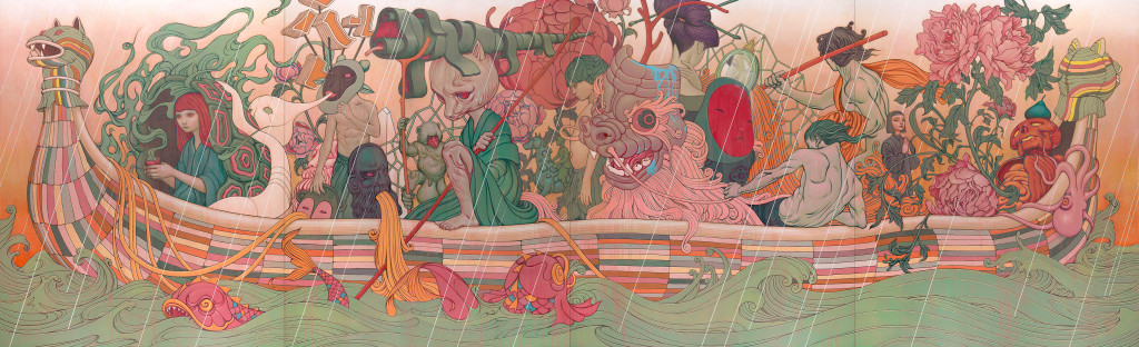 A wide horizontal painting of a long boat carrying people, creatures, and flowers across a green sea