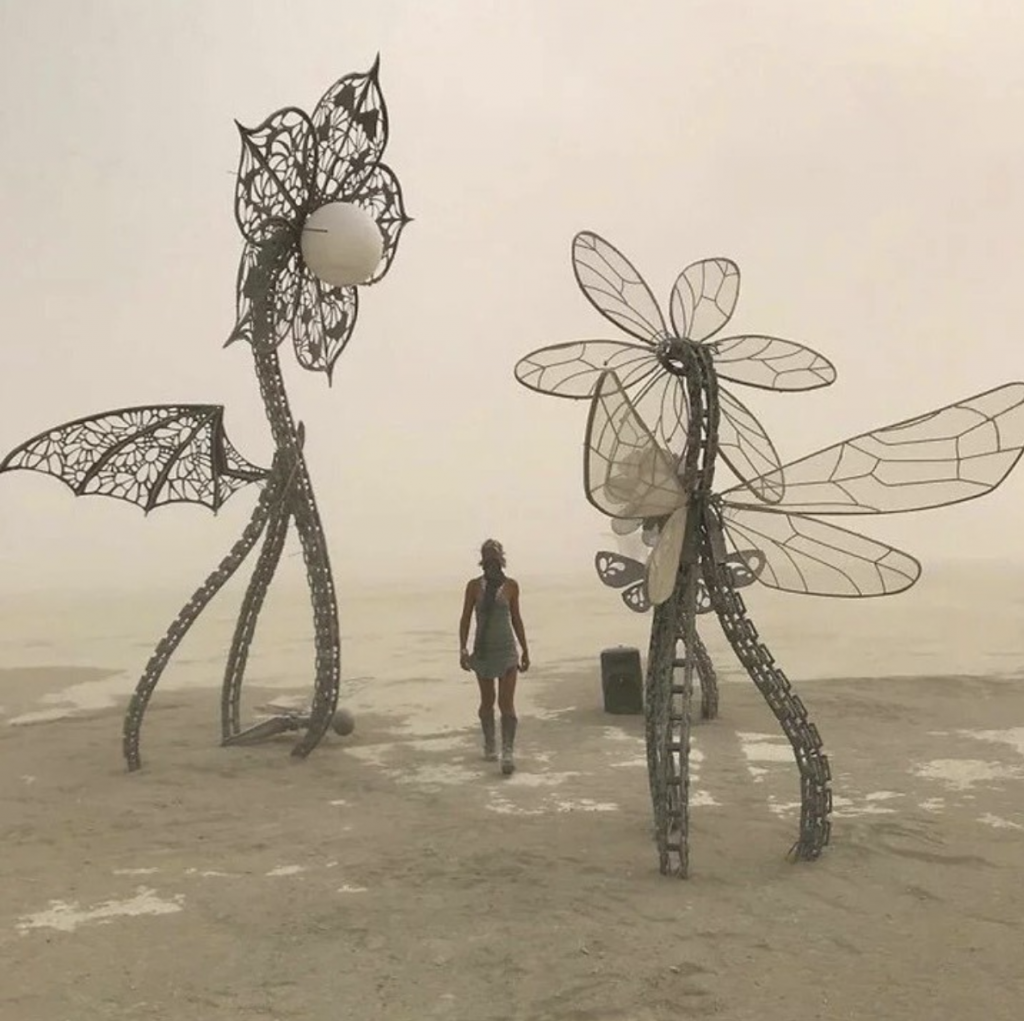 A female figure is seen from behind walking between two large skeletal metal sculptures of flowers into a dusty desert