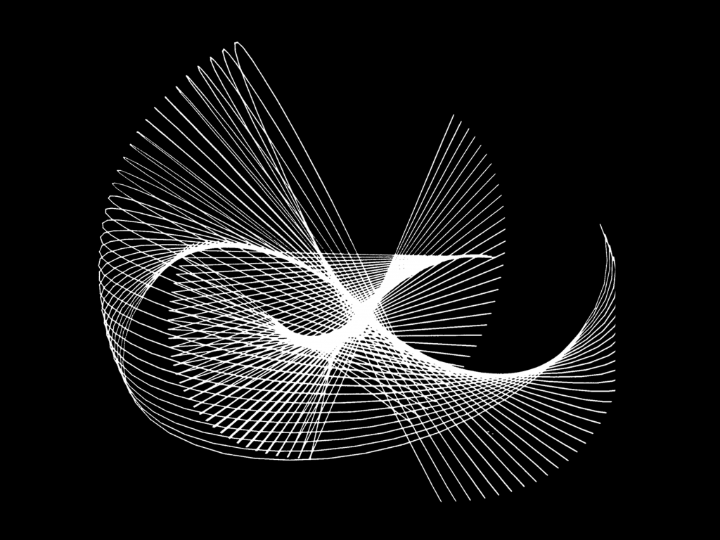 A computer-generated image of white lines forming a curving volume against a black background