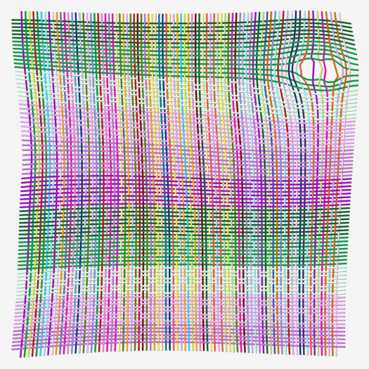 A digital image of a weaving from multicolored threads, with a warped section in the upper right corner