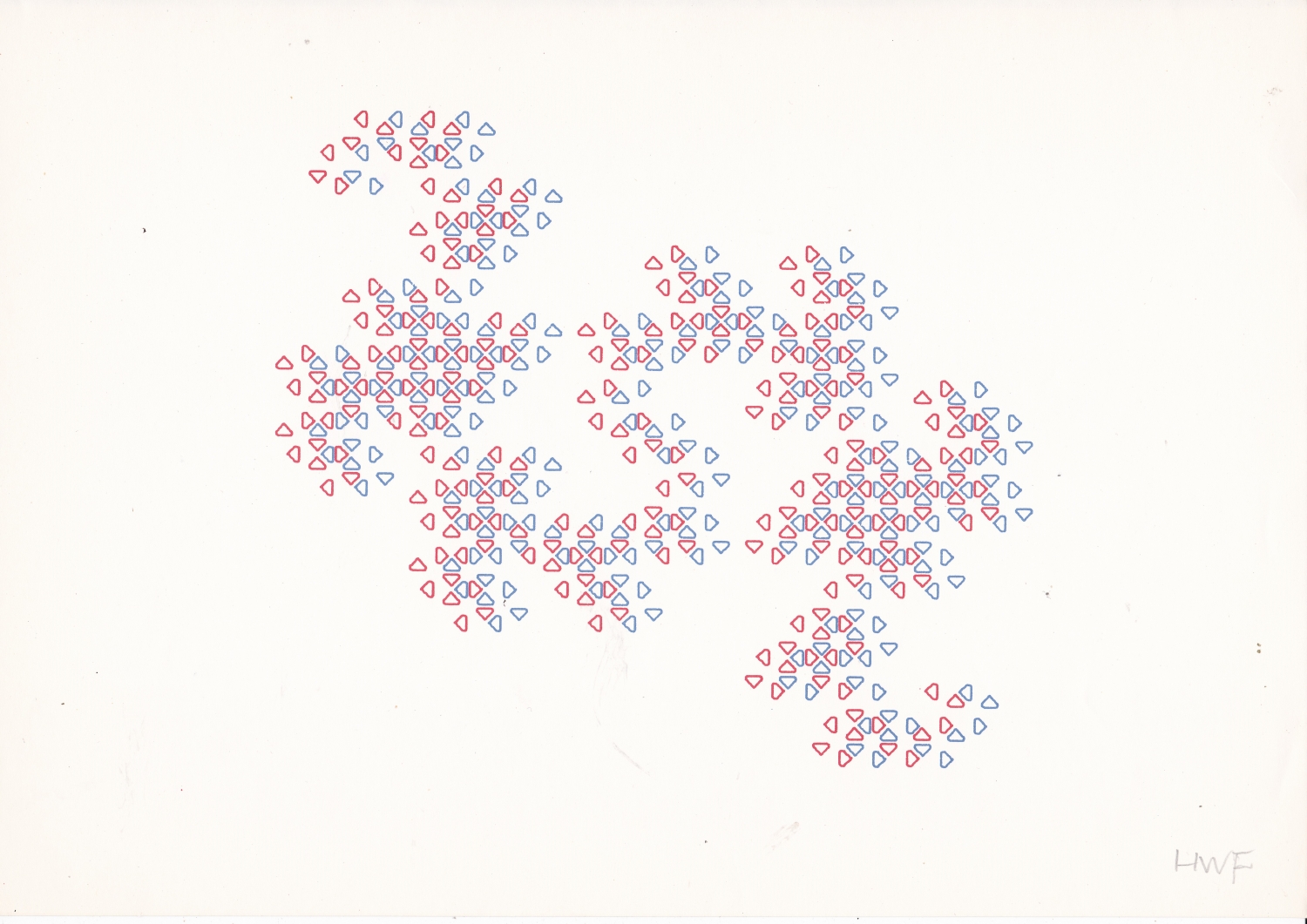 A print of blue and red triangles in various orientations forming a serpentine curve