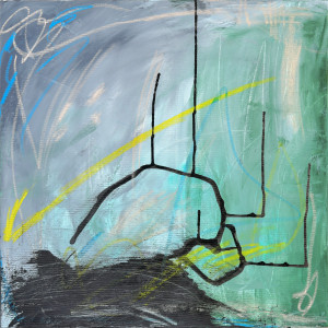 An abstract painting with spare, spindly black form on a green and gray field