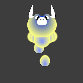 An animation of a bull composed of yellow and blue spheres bouncing up and down against a black background