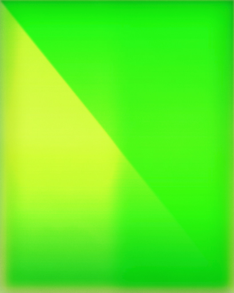A digital abstract image with a field of pale green bisected along the diagonal by a soft triangle of yellow