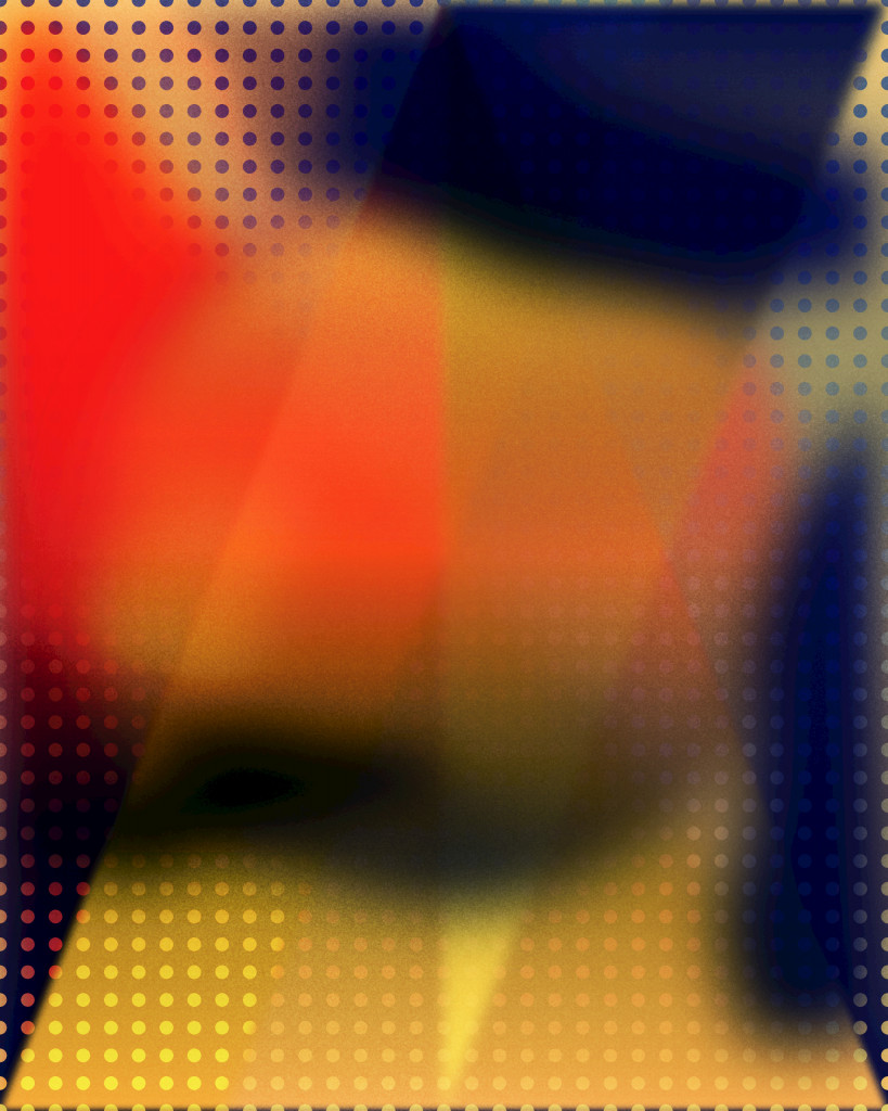 A digital abstract image with intersecting planes and blurs of yellow, red, and blue, against a grid of dots in all three colors