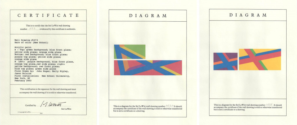 A certificate for a reproducible drawing accompanying by two diagrams illustrating how it will look when the instructions on the certificate are executed