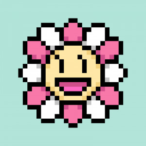 A pixelated image of a daisy with a smiling yellow face and pink and white petals