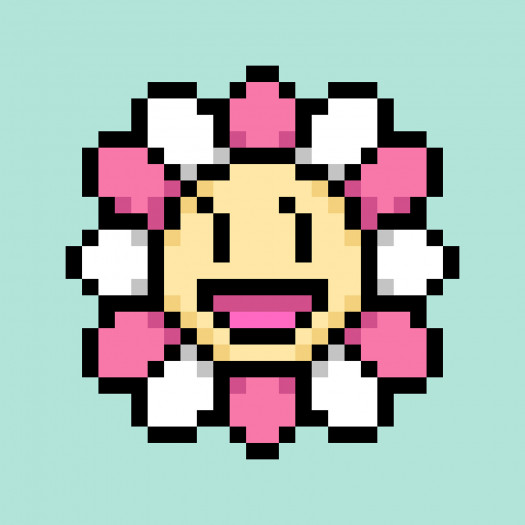 A pixelated image of a daisy with a smiling yellow face and pink and white petals