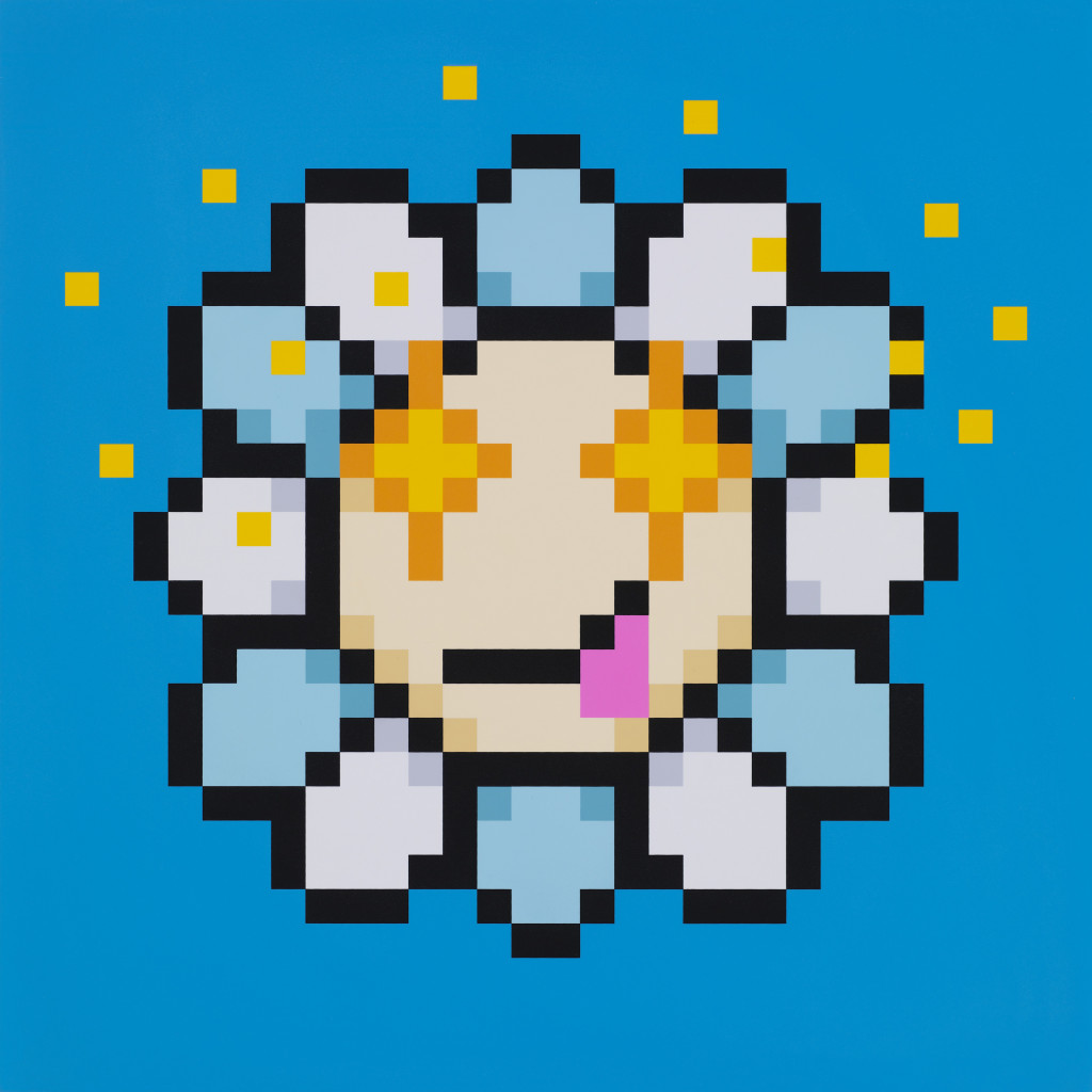 A pixelated image of a daisy with starry eyes, a protruding pink tongue, and blue and white petals
