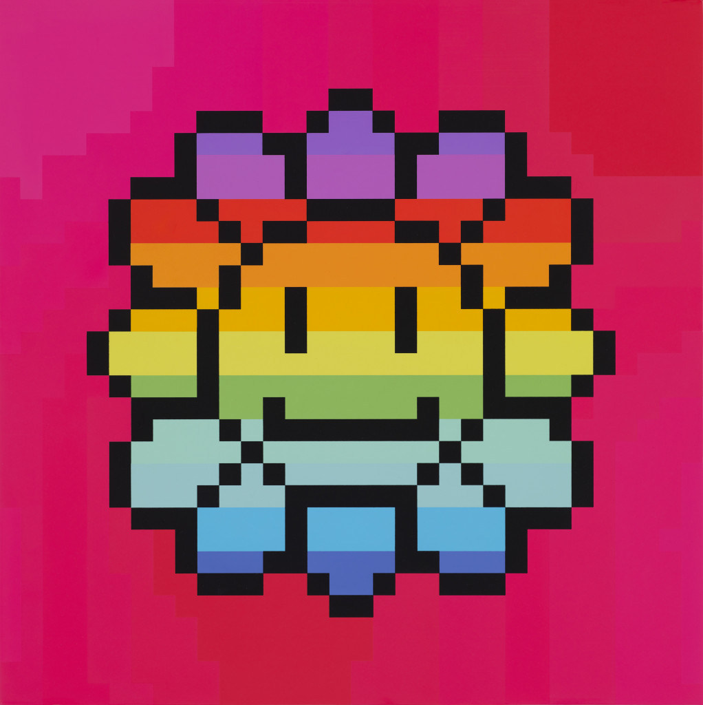 A pixelated image of a daisy with a smiling face, evenly divided into stripes of all the colors of the rainbow