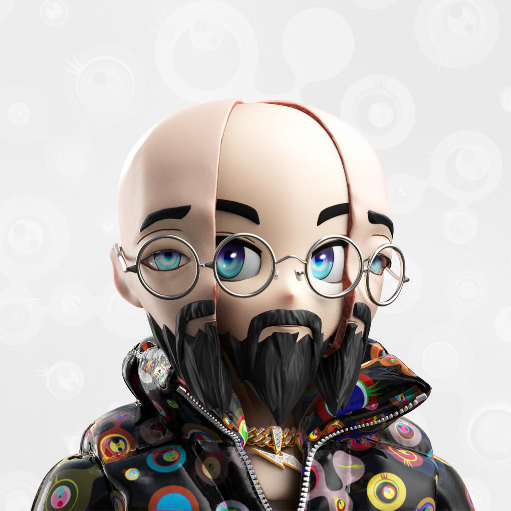 A digital portrait of bald, bearded man with the big, blue eyes of an anime character. His face splits open in the center to reveal another face inside
