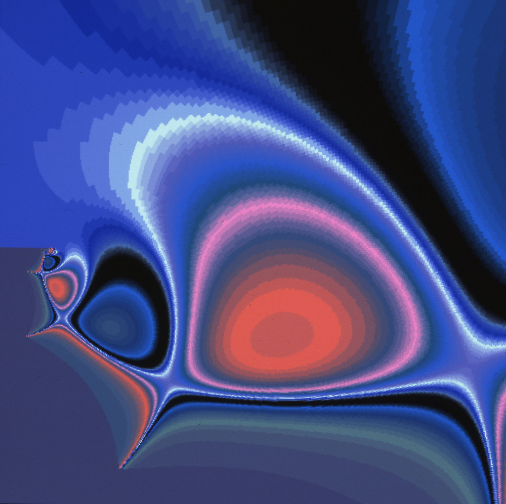 A computer generated image of a curving, oblong form with a red center and concentric blue shapes