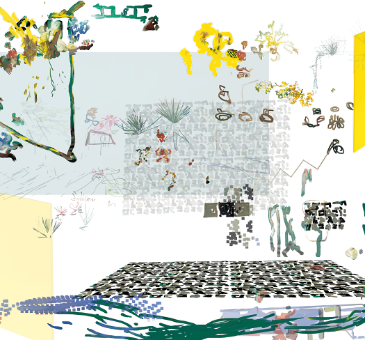 A digital image with several elements suggesting flowers, plants, home furnishings, and architectural elements arrayed on a blank background with angled planes of yellow and pale blue