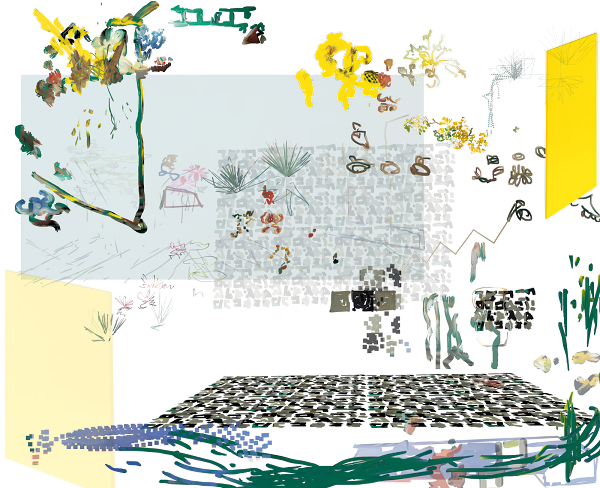 A digital image with several elements suggesting flowers, plants, home furnishings, and architectural elements arrayed on a blank background with angled planes of yellow and pale blue