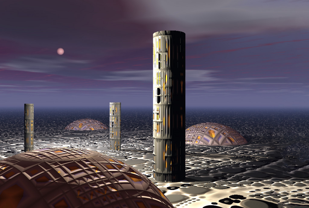 A digital image of a futuristic cityscape, with cylinders and domes under a purple clouded sky