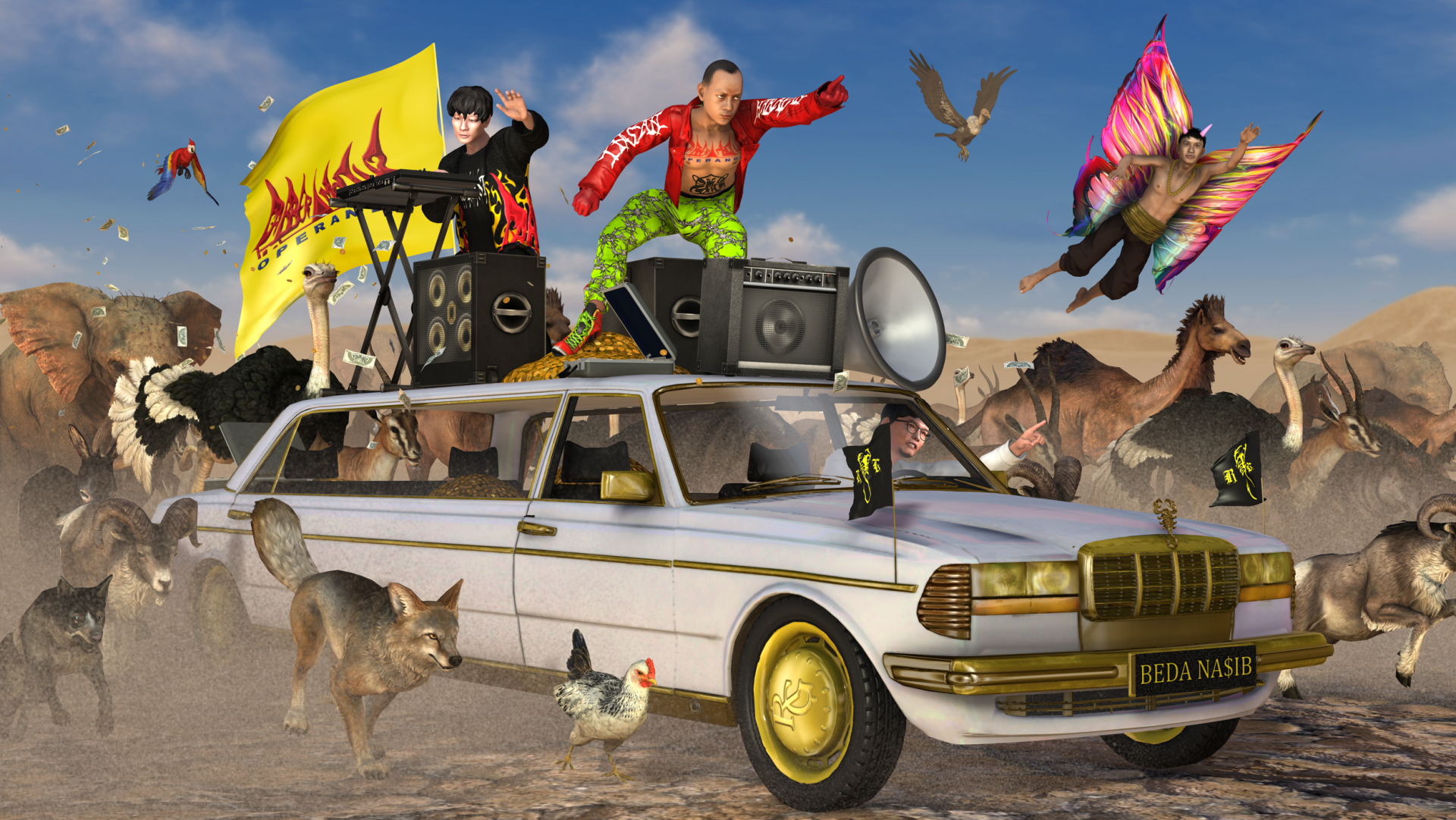 A digital image of a white limo riding through a dusty barren landscape. Various animals and birds run alongside it, and men in colorful outfits stand on top with amps and other music equipment