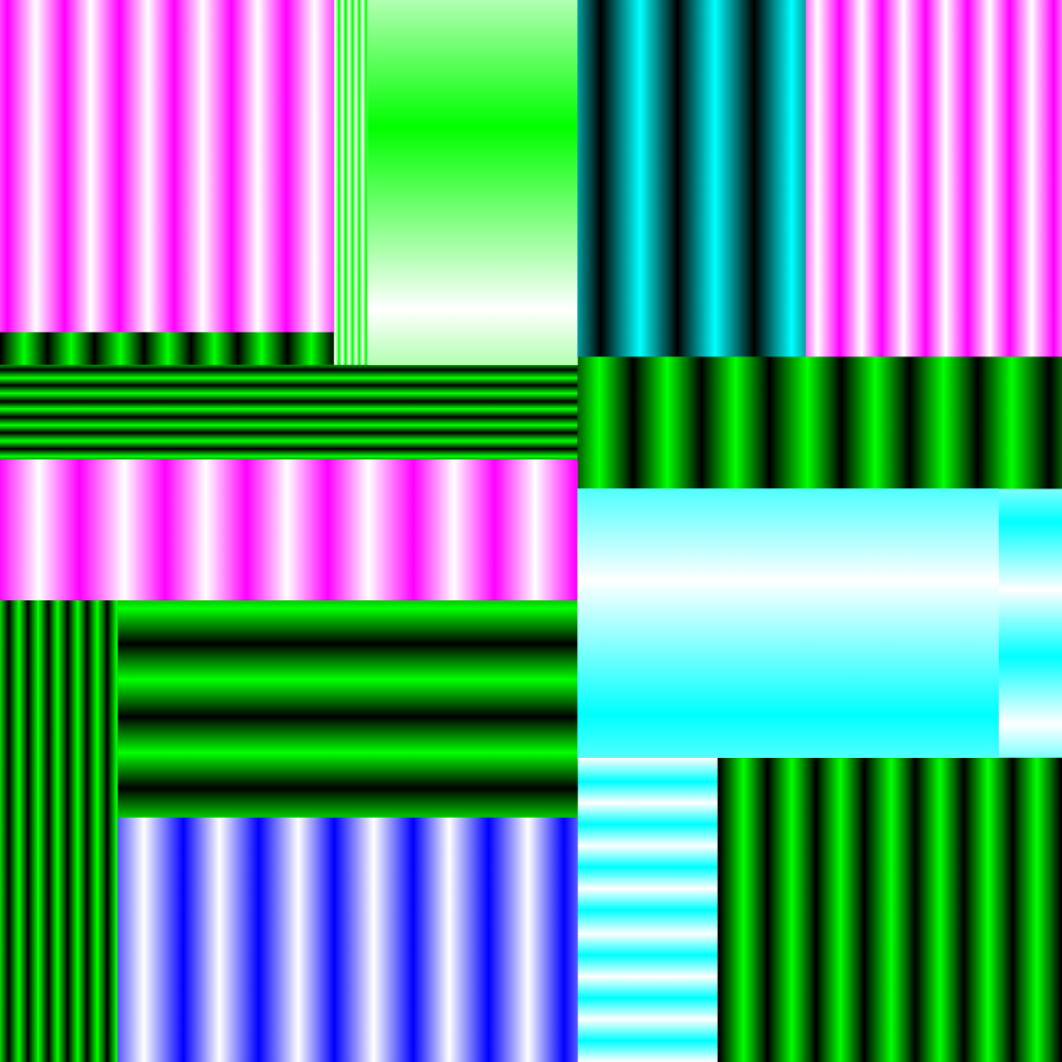 An abstract digital image comprising shaded bars of green, blue, and pink in quadrilateral groups filling a square