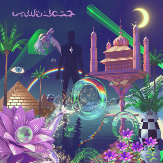 A digital image densely collaging 3D renderings of a mosque, pyramids, a pegasus, flowers, and palm trees. A human figure is silhoutted at the center