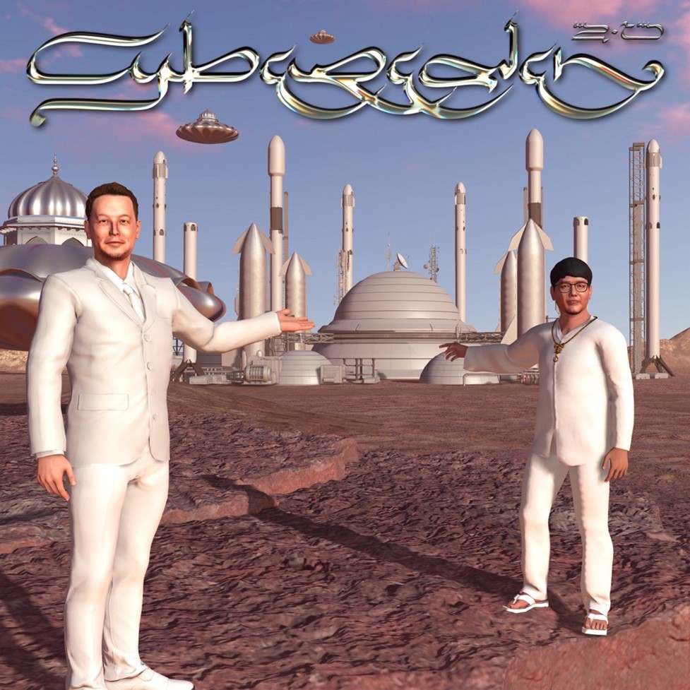 A digital image of two men in white gesturing toward a cluster of futuristic domed buildings and rockets on a rocky brown otherworldly landscape