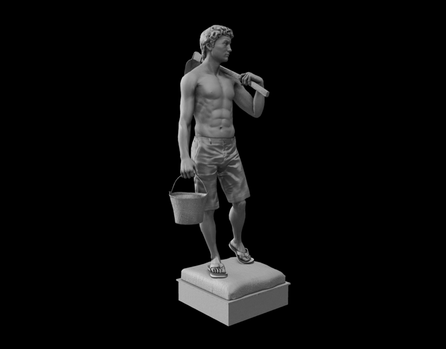 A 3D model based on Michelangelo's David but with details recasting him as a construction worker