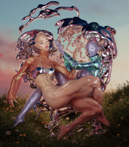 Two 3-D rendered figures hover intertwined above a pastoral landscape, surrounded by a liquid metal material.